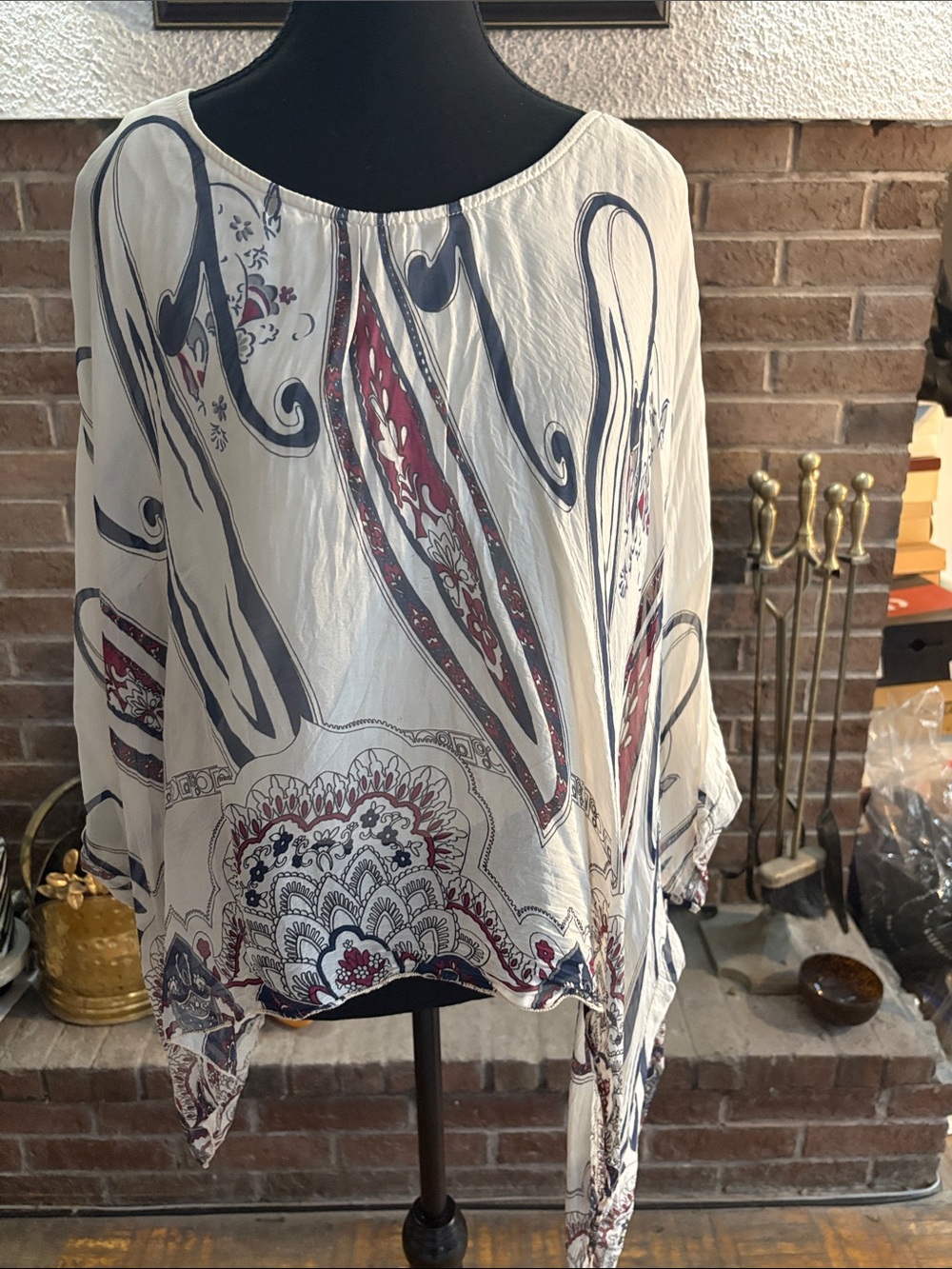 Boho Paisley Tunic Top in White with Navy & Burgundy